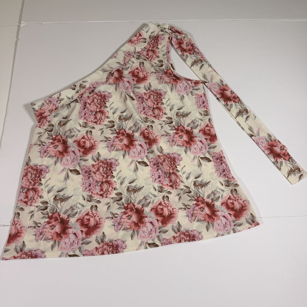 Womens One Shoulder Blouse Large Multicolor Floral Boho Chic Knot Detail Casual